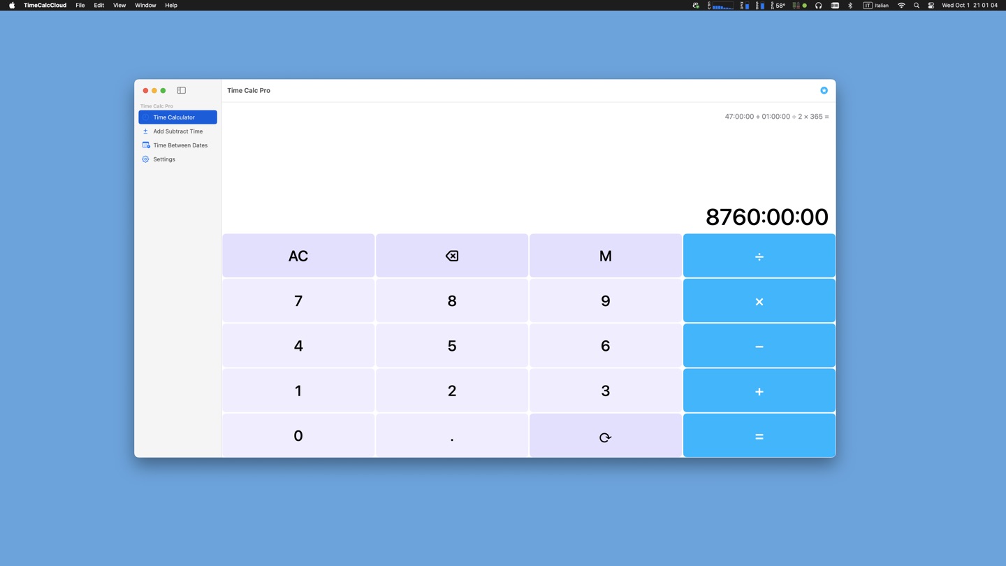 TimeCalc calculator running on Mac.